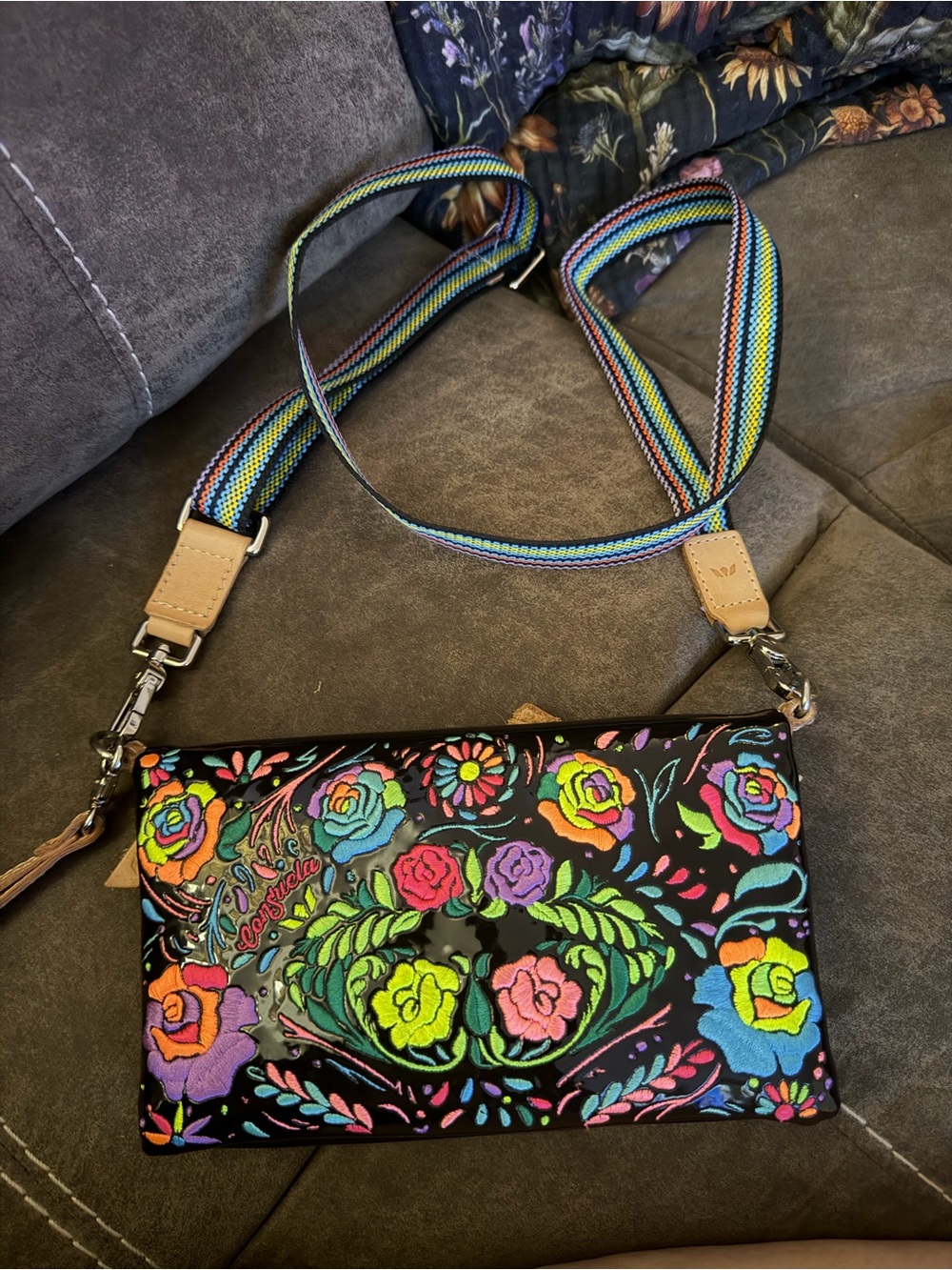 Consuela Black Crossbody Clutch with Multicolor Floral Design and Rainbow Strap